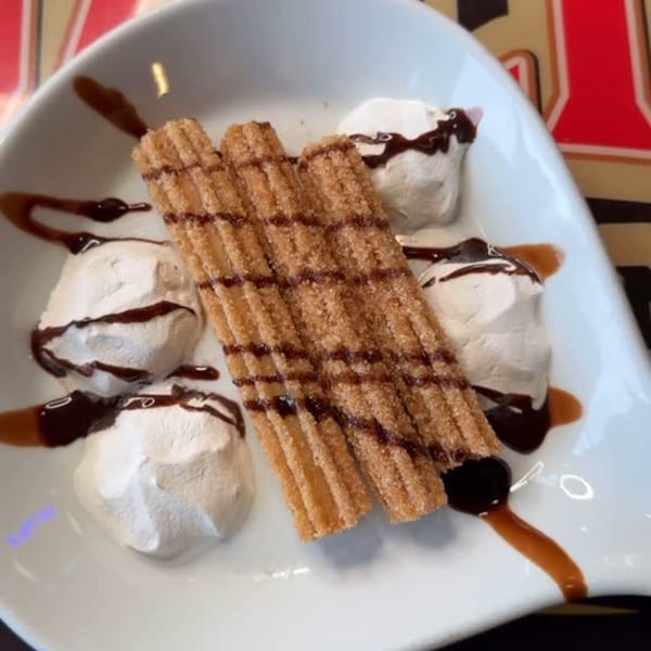 Churros with chocolate drizzle and scoops of vanilla ice cream on a white plate.