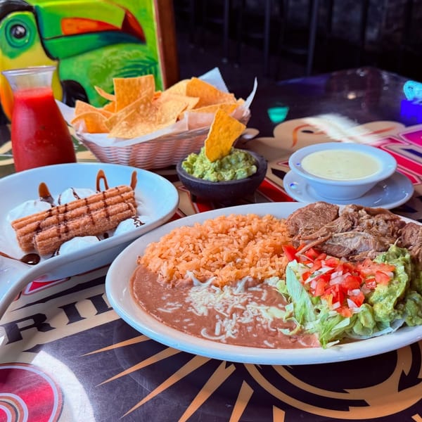 A Mexican feast with carnitas, rice, beans, guacamole, chips, salsa, queso, and churros.